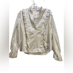 MAEVE Anthropologie Cotton White Eyelet Ruffle Praire Poet Blouse Top M